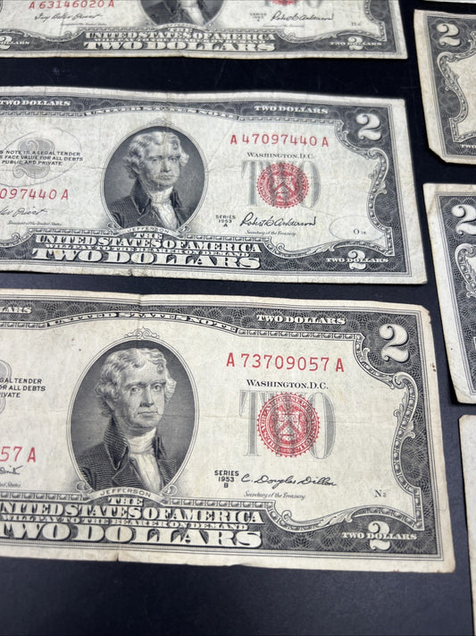 Lot of 7 1953 $2 USN Red Seal Legal Tender Notes Very Circulated #057