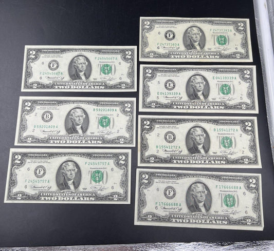 Lot of 7 1976 $2 FRN Federal Reserve Dollars Bicentennial Note XF / AU #757