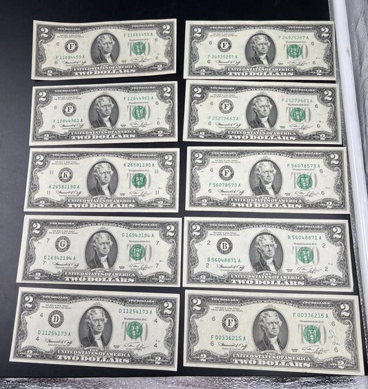 Lot of 10 1976 $2 FRN Federal Reserve Dollars Bicentennial Note XF / AU #173