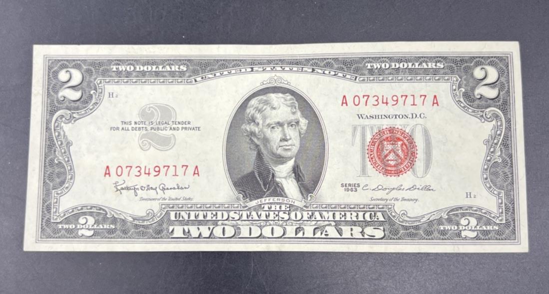1963 $2 USN United States Red Seal Note Bill Choice XF / AU Circ # 717