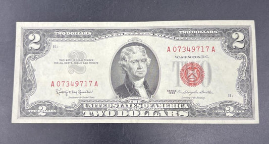 1963 $2 USN United States Red Seal Note Bill Choice XF / AU Circ # 717