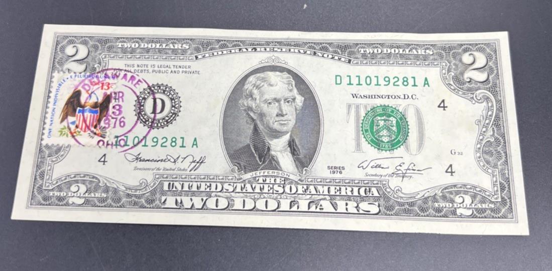 1976 $2 Postal Two Dollar Bicentennial Federal Reserve Note Delaware OH UNC #81