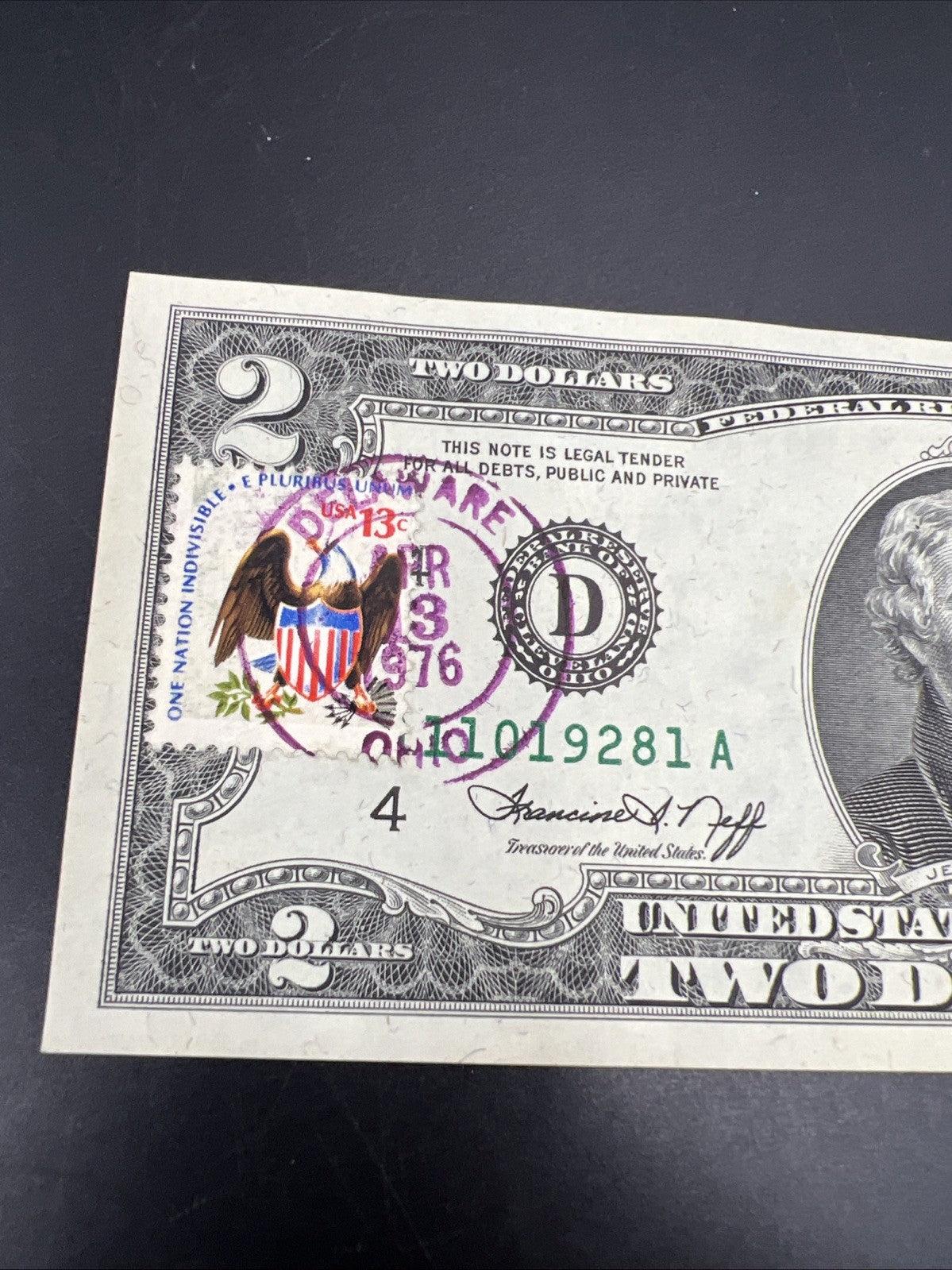 1976 $2 Postal Two Dollar Bicentennial Federal Reserve Note Delaware OH UNC #81