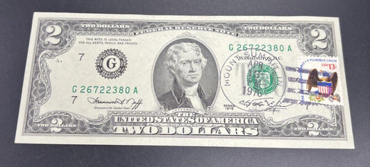 1976 $2 Postal Two Dollar Bicentennial Federal Reserve Note Mount Summit IN UNC