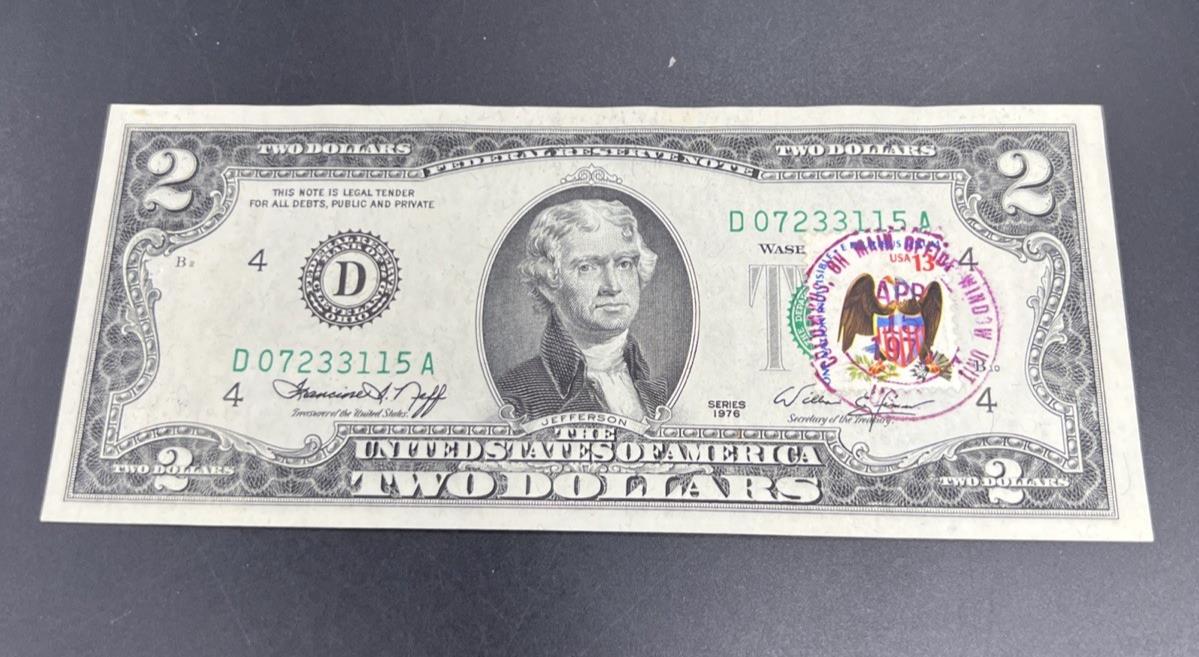 1976 $2 Columbus Ohio Main Office Bicentennial Postal FRN Note Unc #115
