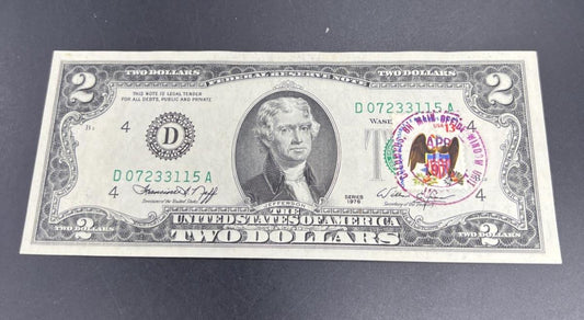 1976 $2 Columbus Ohio Main Office Bicentennial Postal FRN Note Unc #115