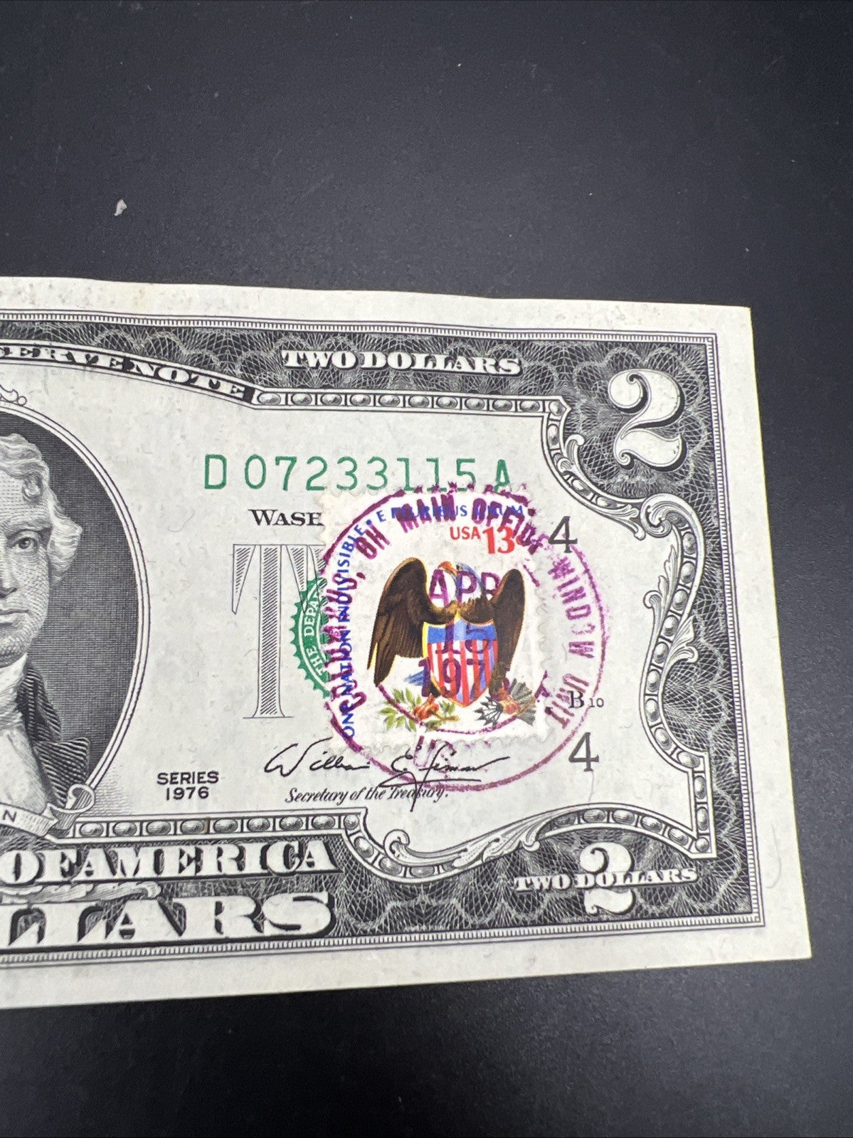 1976 $2 Columbus Ohio Main Office Bicentennial Postal FRN Note Unc #115