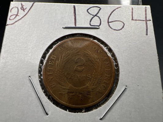 1864 2c Two Cent Bronze Copper Liberty Shield Coin Good Details Damaged