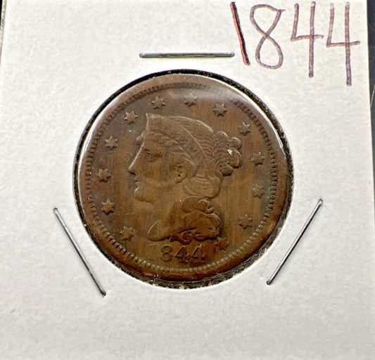 1844 1c Braided Hair Liberty Large Cent Coin VF Very Fine Details Rev Scratch