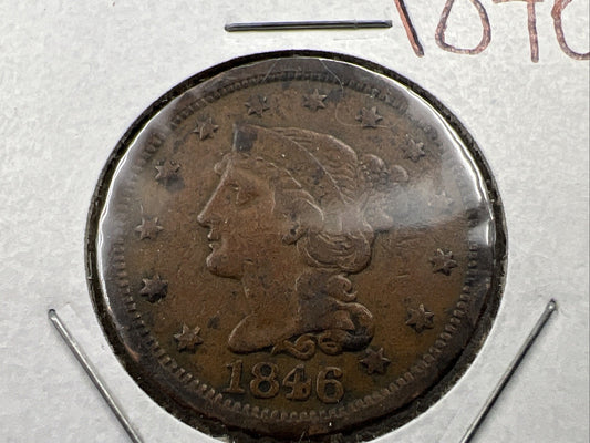 1846 1c Braided Hair Liberty Large Cent Coin Fine Circulated