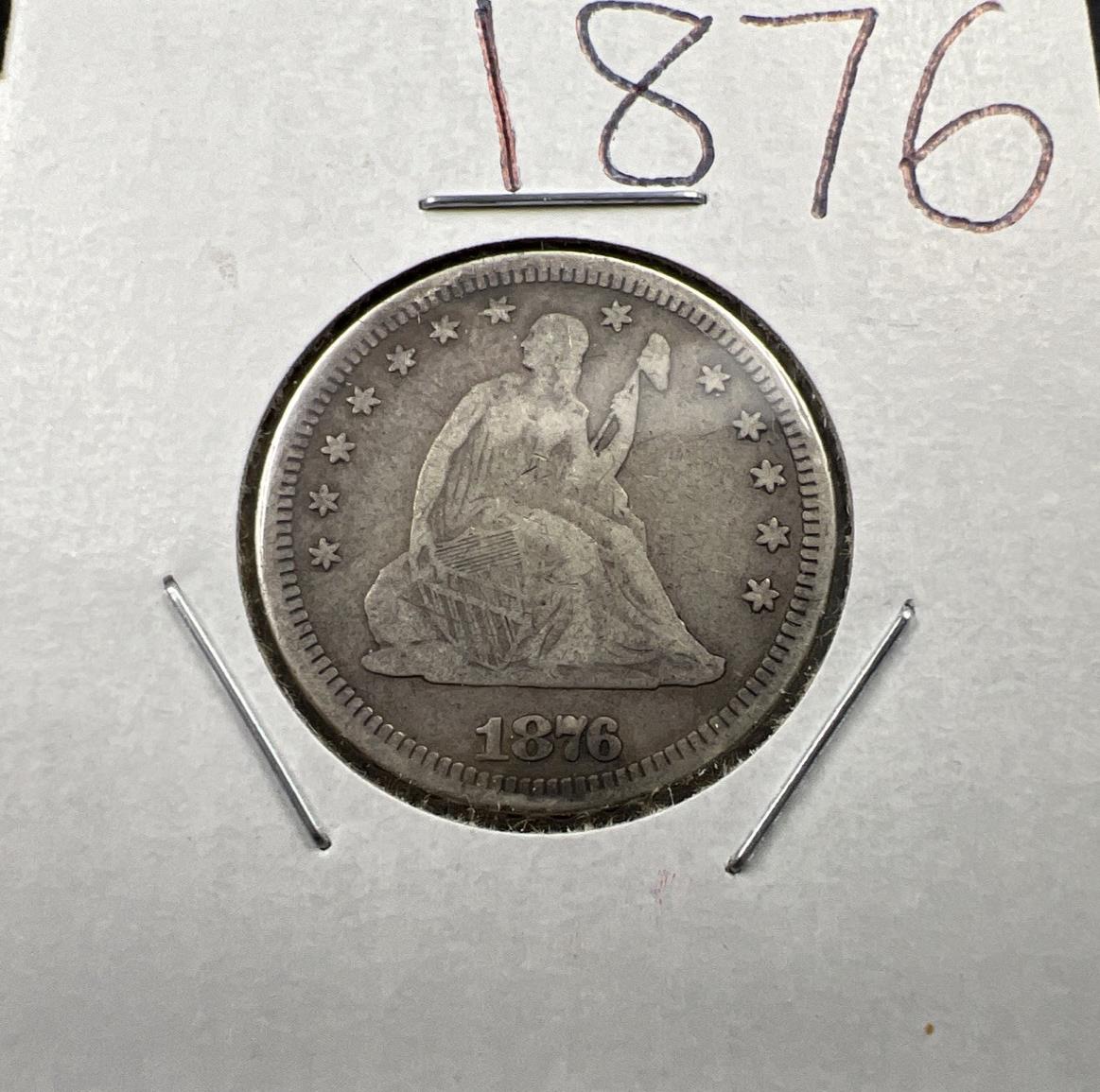1876 25c Liberty Seated Silver Quarter Coin Fine Circulated