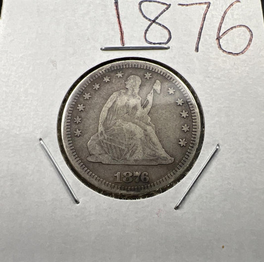 1876 25c Liberty Seated Silver Quarter Coin Fine Circulated