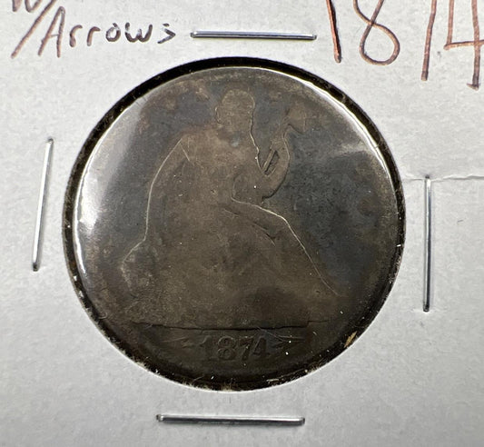 1874 P 50c Seated Liberty Half Dollar Coin Fair / AG About Good Circ w/ Arrows