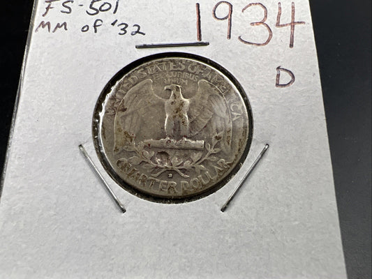 1934 D 25c Washington Silver Quarter Coin FS-501 MM of 1932 Variety AG / Good