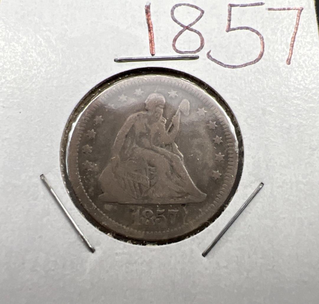 1857 Seated Liberty Quarter Coin 25c VG Very Good Details