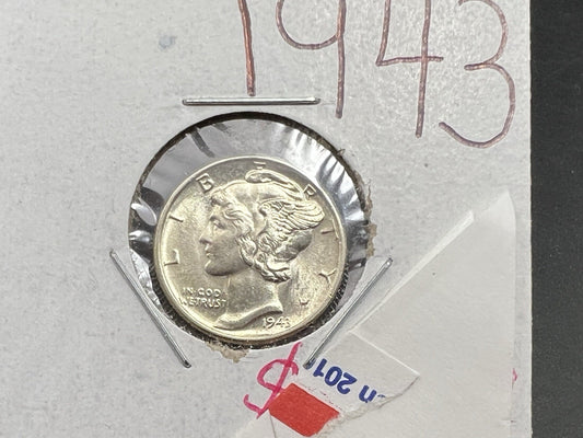 1943 P 10c Mercury Silver Dime Coin BU UNC World War II Era Coin SKU#A