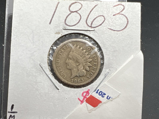 1863 1c Indian Cent Penny Copper Nickel Choice VG Very Good Circulated SKU#A