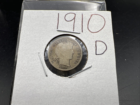 1910 D Barber 90% Silver Dime Coin Good / VG Circ SKU#A