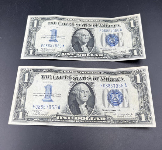 2 Consecutive 1934 $1 One Dollar Silver Certificates Funny Back Notes CH VF #55
