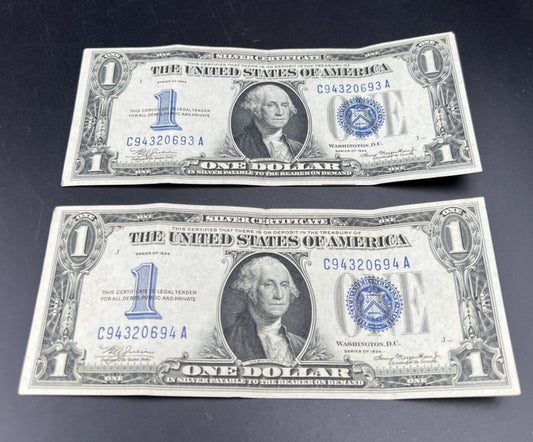 2 Consecutive 1934 $1 One Dollar Silver Certificates Funny Back Notes CH VF #94