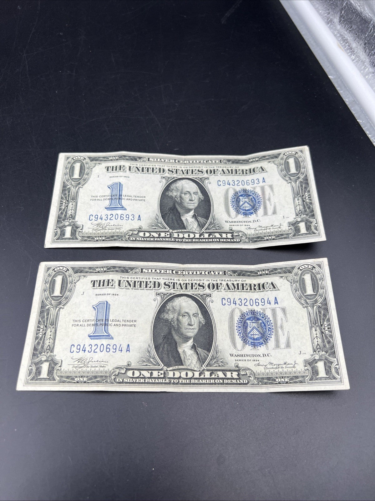 2 Consecutive 1934 $1 One Dollar Silver Certificates Funny Back Notes CH VF #94