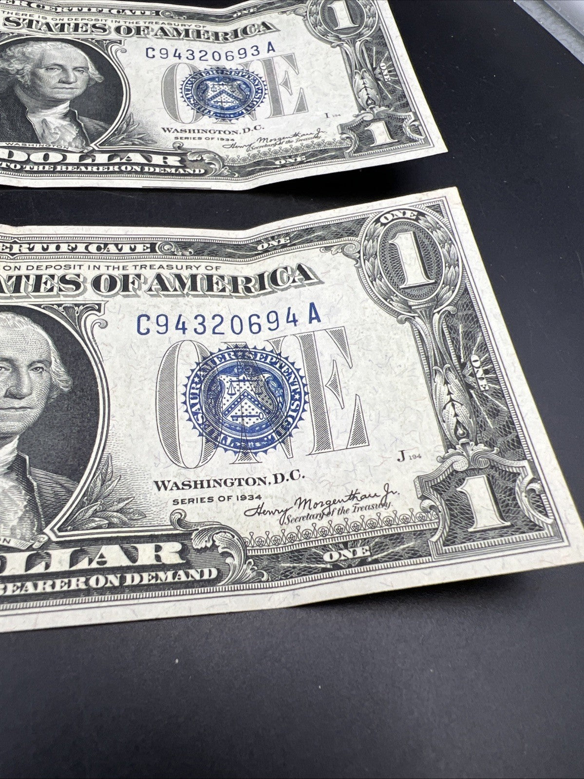 2 Consecutive 1934 $1 One Dollar Silver Certificates Funny Back Notes CH VF #94