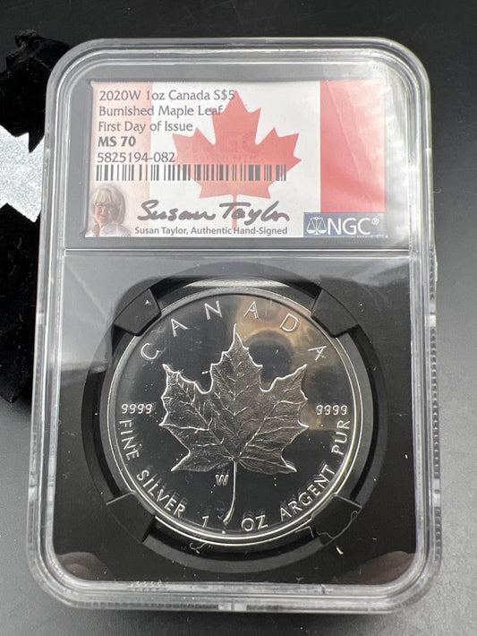 2020 W Burnished 1 Oz Silver Maple Leaf NGC MS70 Susan Taylor Signature