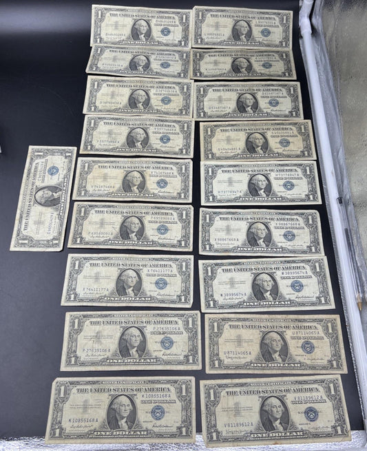 Lot of 19 $1 One Dollar 1957 Blue Seal Silver Certificate Notes G/VG Circ #168