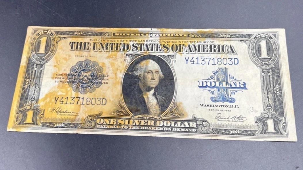 1923 $1 One Dollar Silver Certificate Horse Blanket Blue Seal Fine Details Stain