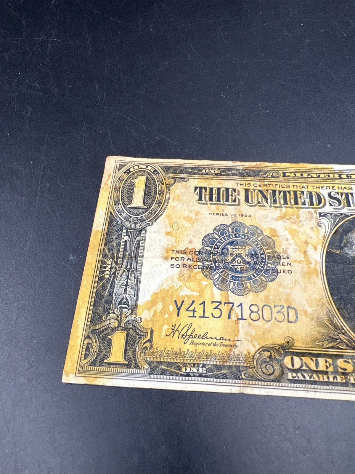 1923 $1 One Dollar Silver Certificate Horse Blanket Blue Seal Fine Details Stain