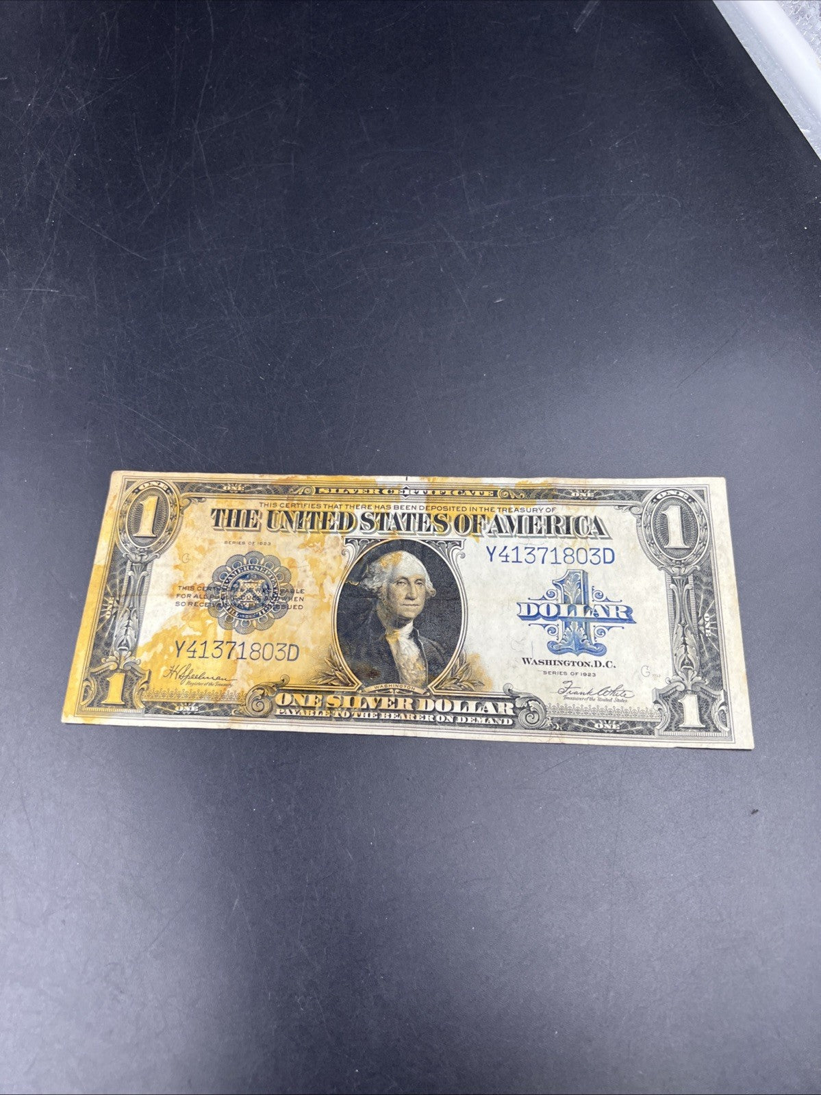 1923 $1 One Dollar Silver Certificate Horse Blanket Blue Seal Fine Details Stain