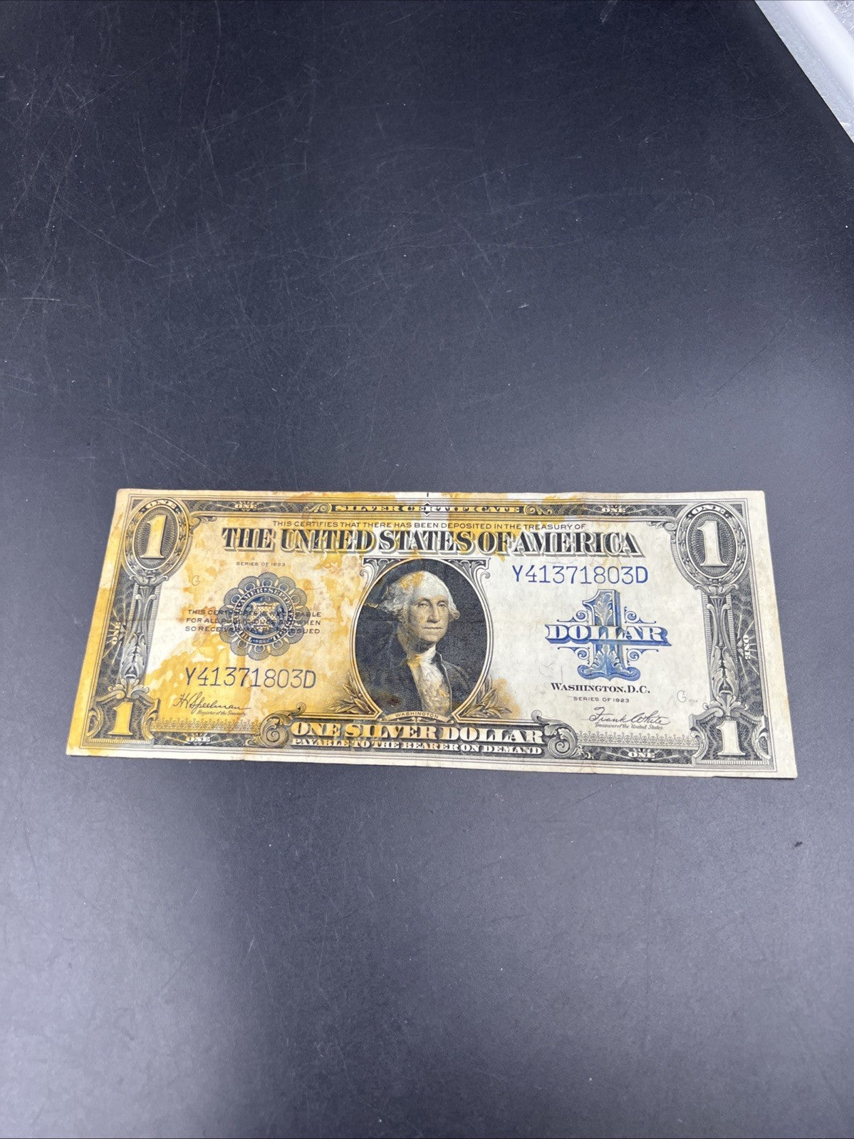1923 $1 One Dollar Silver Certificate Horse Blanket Blue Seal Fine Details Stain