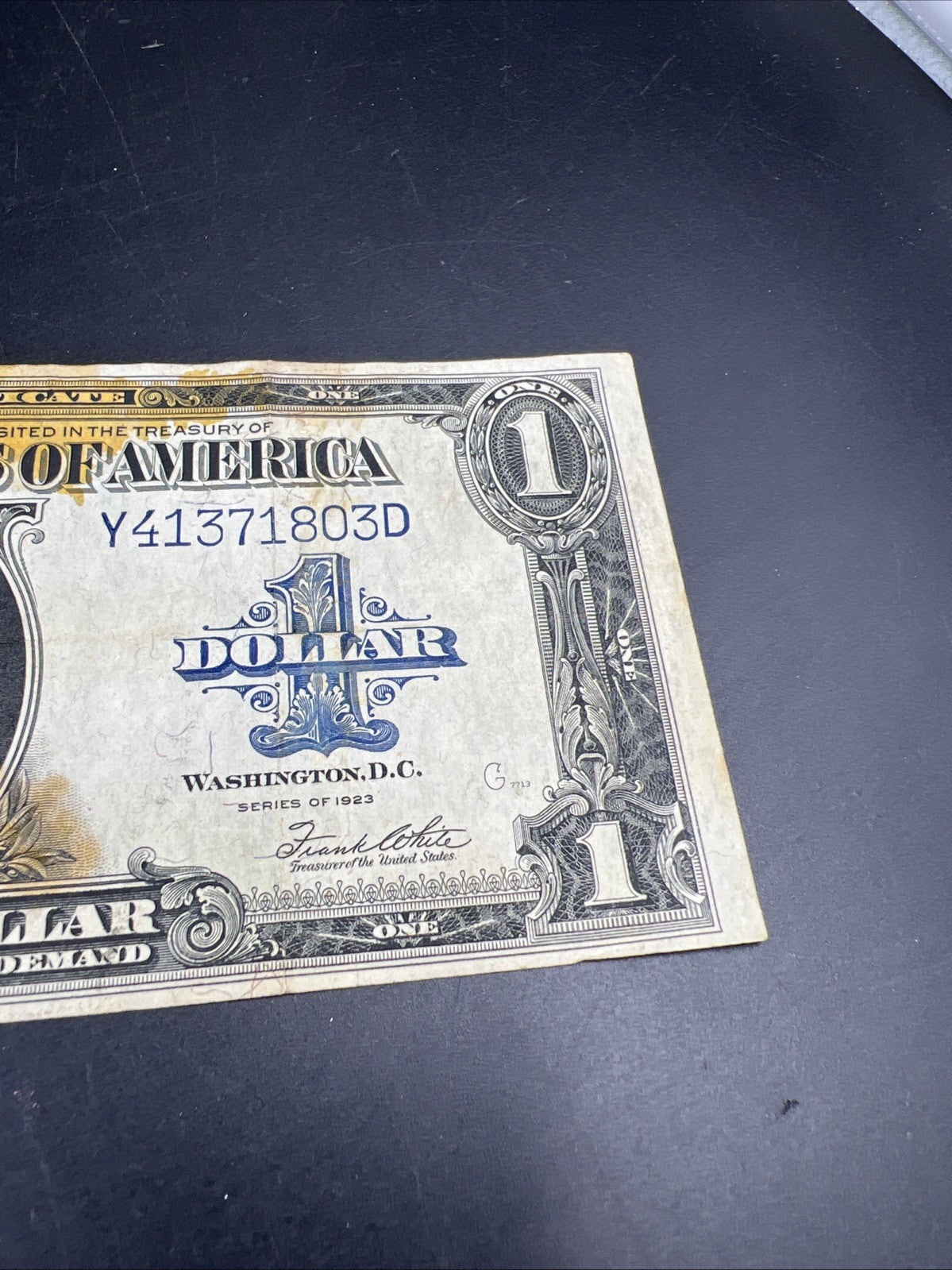 1923 $1 One Dollar Silver Certificate Horse Blanket Blue Seal Fine Details Stain