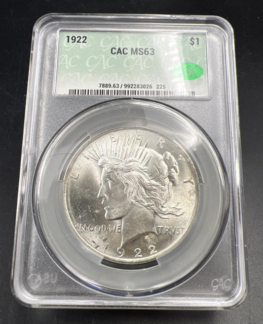 1922 Peace Silver Dollar Coin CAC Certified MS62 BU UNC