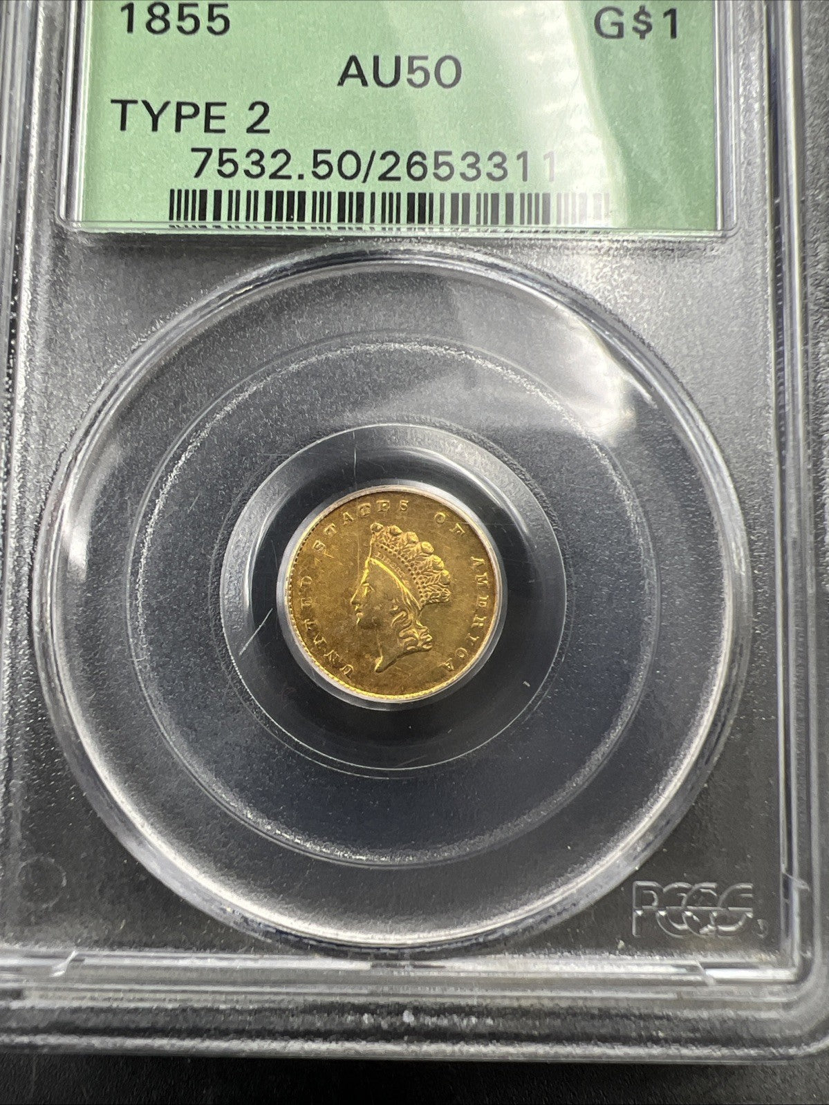 1855 Gold $1 One Dollar Princess Indian Head Type 2 Coin PCGS OGH AU50