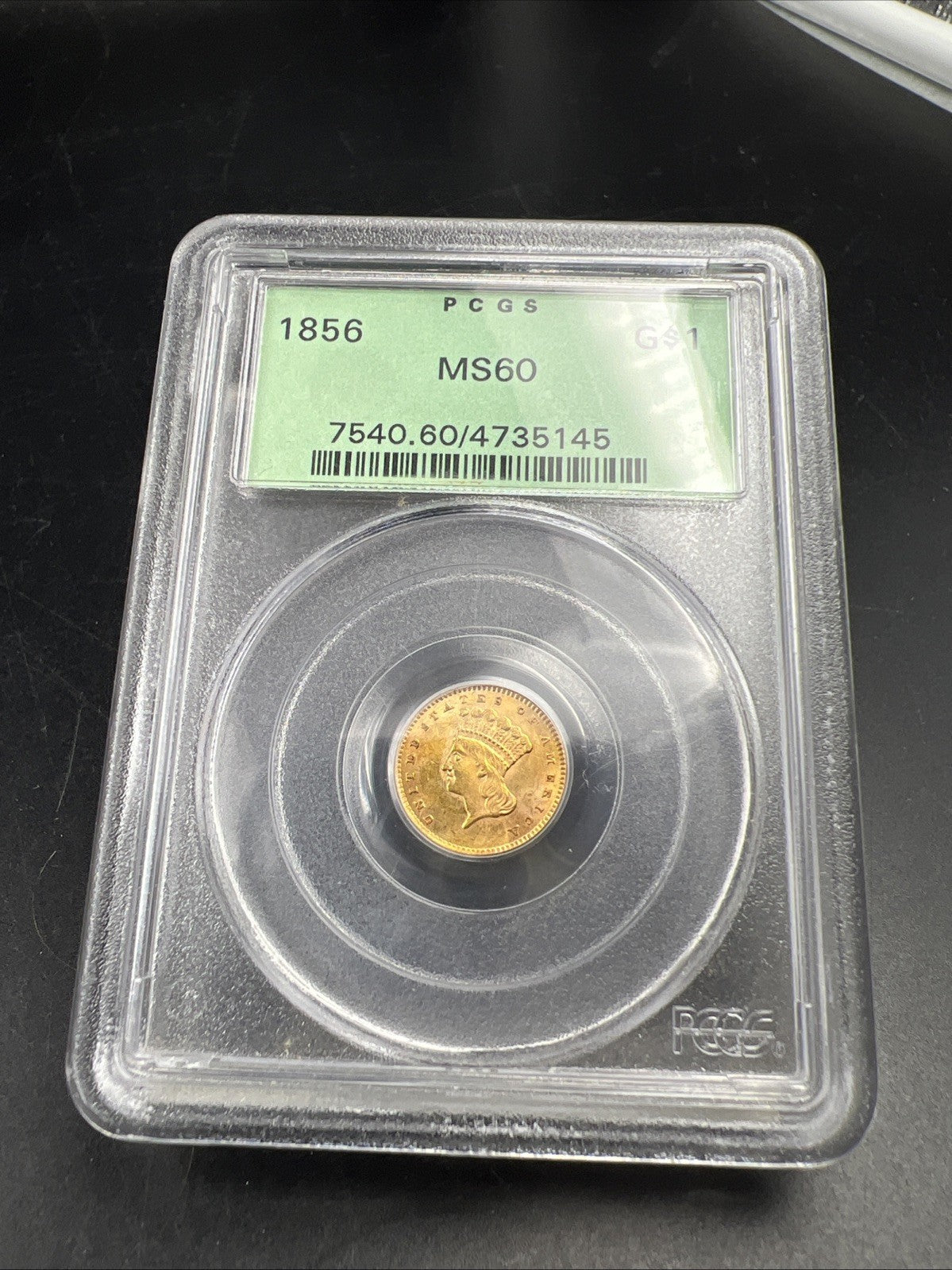 1856 $1 One Dollar Princess Indian Head Gold Dollar Coin PCGS OGH MS60 Slant 5