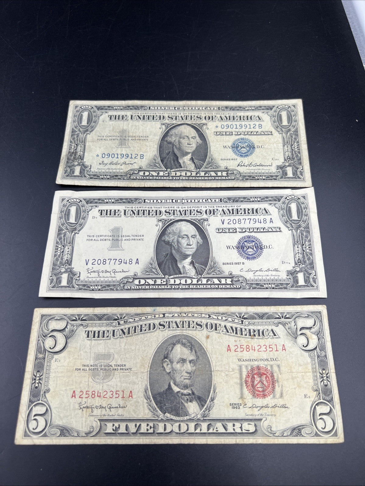 3 USA Banknote Set 1957 $1 VF 1957 * $1 G/VG & 1963 USN $5 G / VG