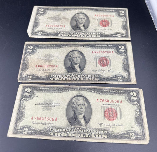 Lot Of 3 Cull Very Circulated 1953 $2 USN United States Notes Red Seal Bills #A