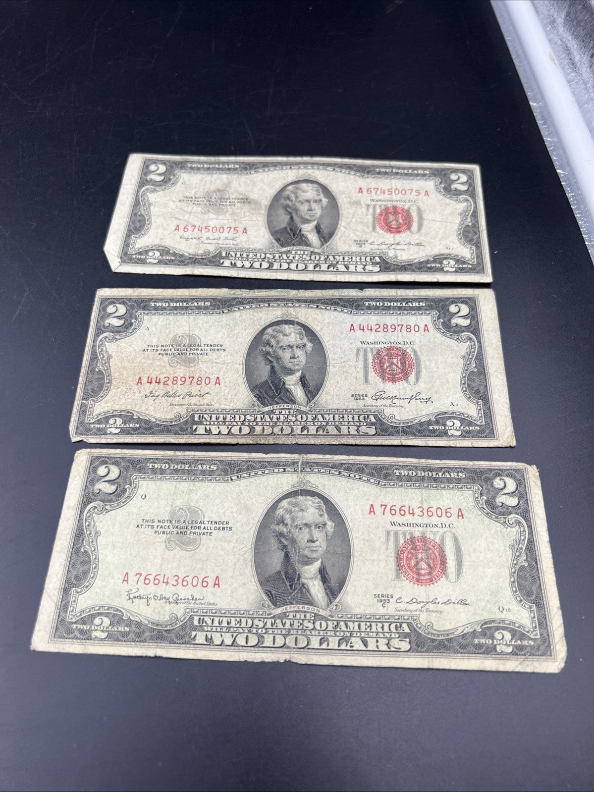 Lot Of 3 Cull Very Circulated 1953 $2 USN United States Notes Red Seal Bills #A