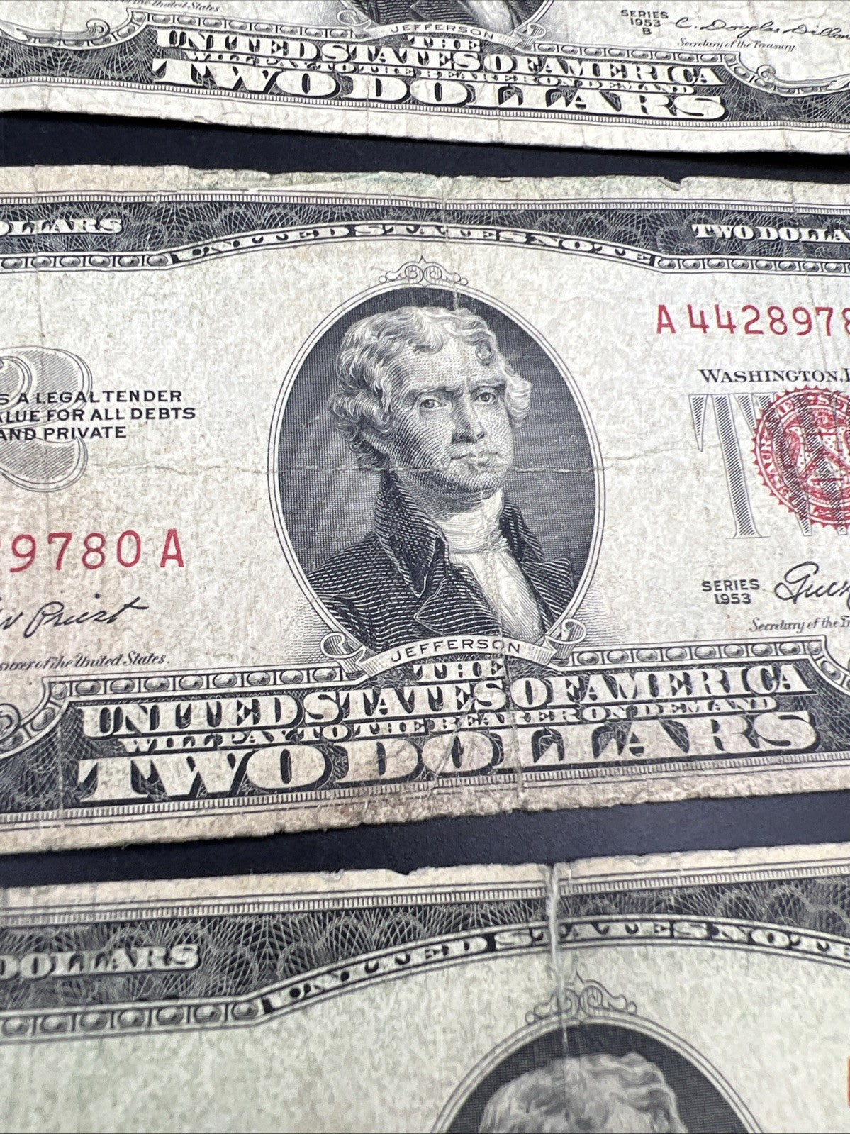 Lot Of 3 Cull Very Circulated 1953 $2 USN United States Notes Red Seal Bills #A