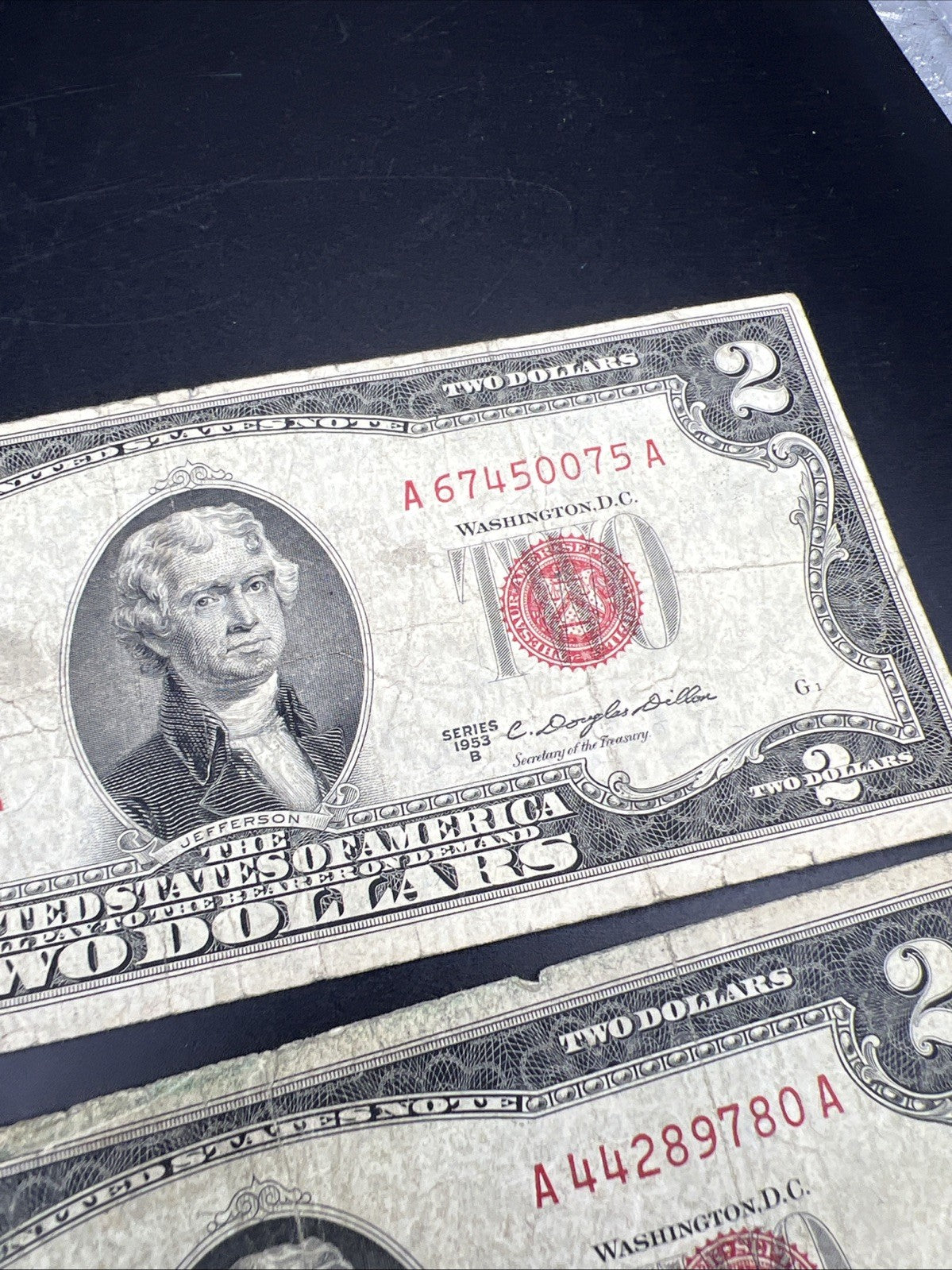 Lot Of 3 Cull Very Circulated 1953 $2 USN United States Notes Red Seal Bills #A