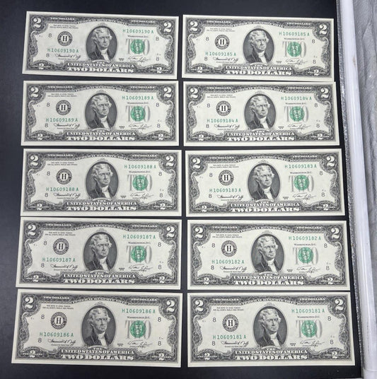 10 Consecutive 1976 $2 FRN Federal Reserve Notes District H CH UNC #86