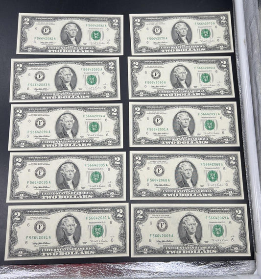 10 Consecutive 1995 $2 FRN Federal Reserve Notes District F CH UNC #81