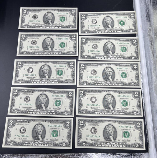 10 Consecutive 2003 A $2 FRN Federal Reserve Notes District H CH UNC #66