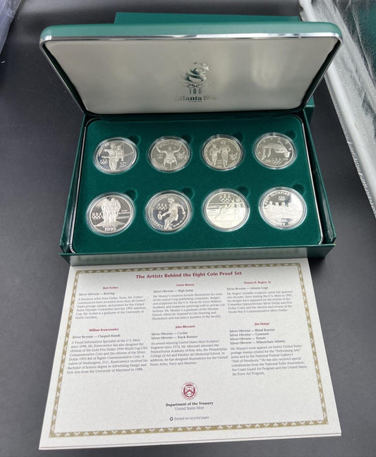 8 Coin Complete Atlanta Olympics 90% Silver Olympic Dollar Proof Set w/ Box COA