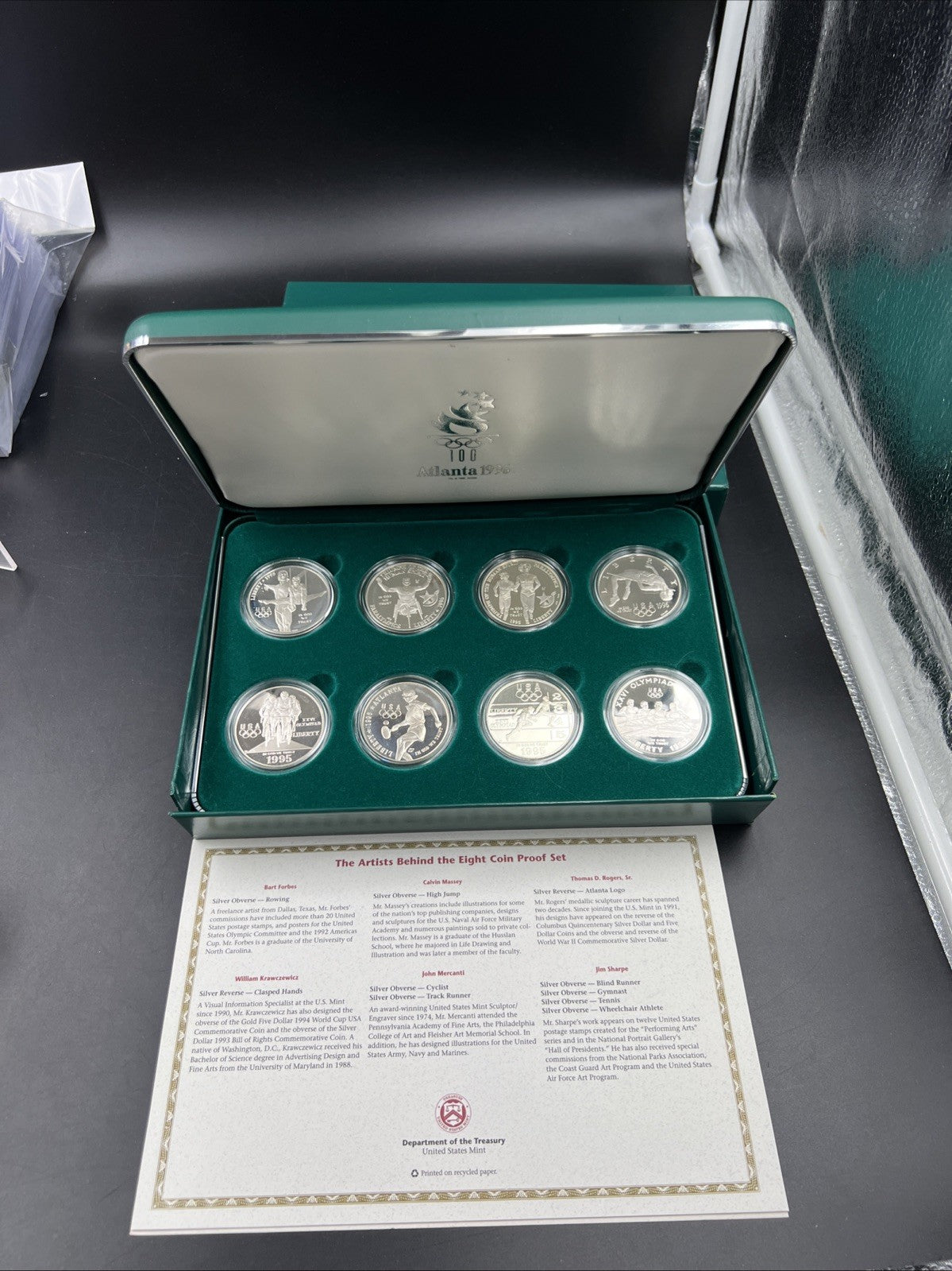 8 Coin Complete Atlanta Olympics 90% Silver Olympic Dollar Proof Set w/ Box COA
