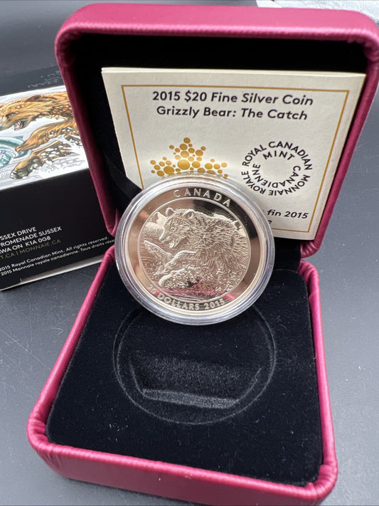 2015 Canada $20 1 oz Silver Proof Grizzly The Catch Coin w/ Box COA SKU#AB