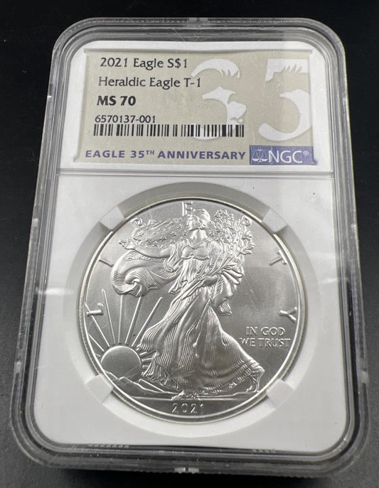 2021 ASE American 1 oz Silver Eagle .999 Fine Silver Coin Type 1 NGC MS70 #001