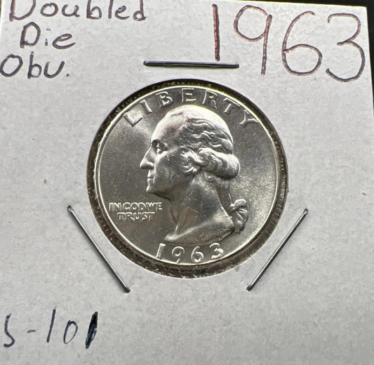 1963 25c Washington Silver Quarter Coin Choice BU UNC FS-101 Double Die Obverse