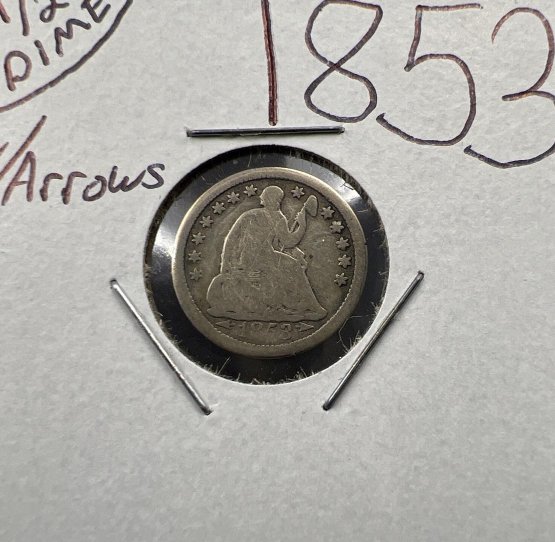 1853 5c Seated Liberty Silver Half Dime Coin with Arrows VG / Fine Circ